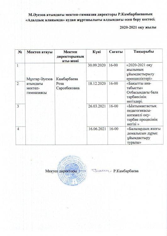 М.Әуезов атындағы мектеп-гимназиясының директоры Р.Қамбарбаеваның "Адалдық алаңында" аудан жұртшылығы алдында есеп беру кестесі