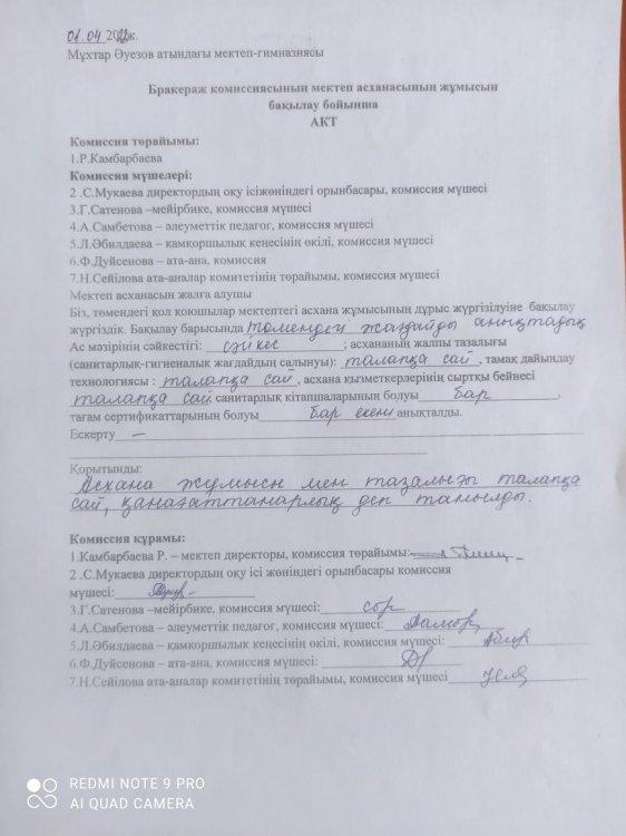 Бракераж комиссиясының тексеру актісі