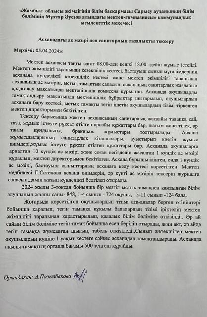 Асханадағы ас мәзірі мен санитарлық тазалықты тексеру