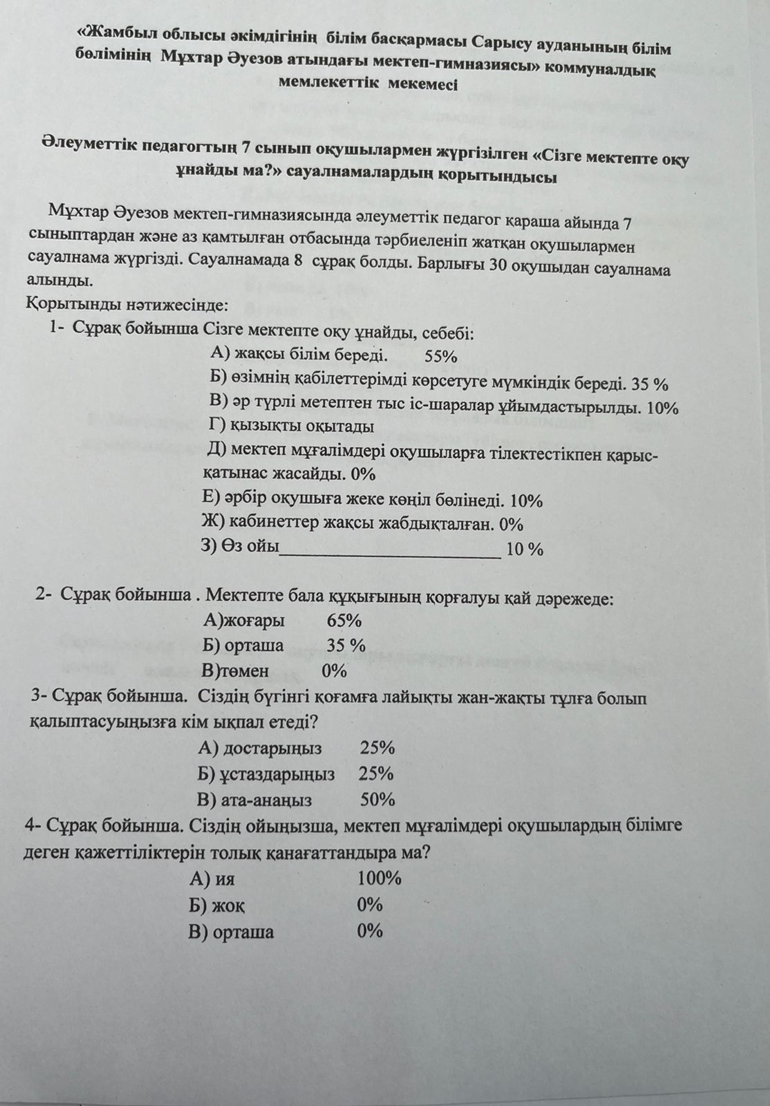 Әлеуметтік педагогтың 7-сынып оқушыларымен жүргізілген "Сізге мектепте оқу ұнайды ма?" сауалнамасының қорытындысы