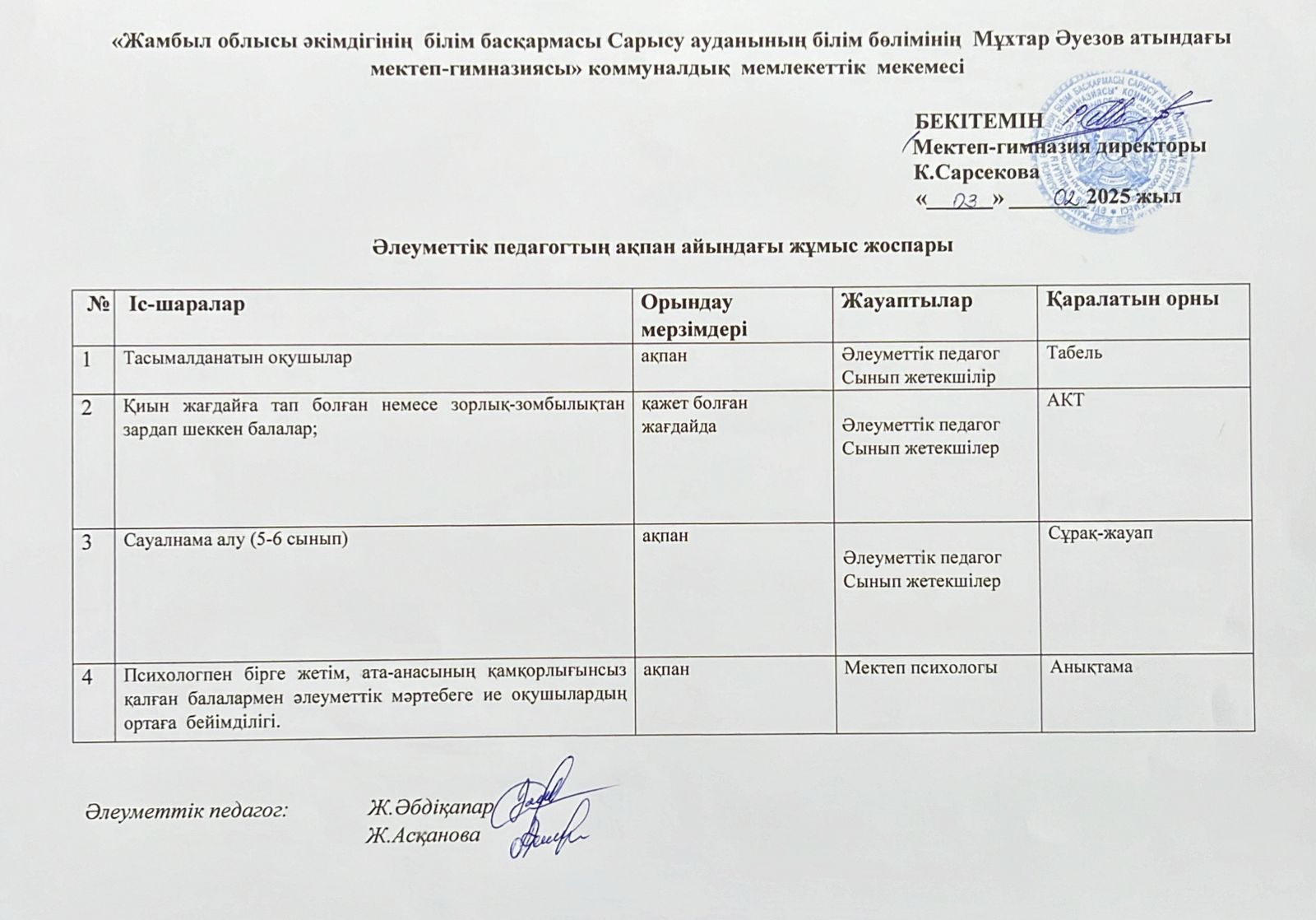 Әлеуметтік педагогтың ақпан айына арналған жұмыс жоспары