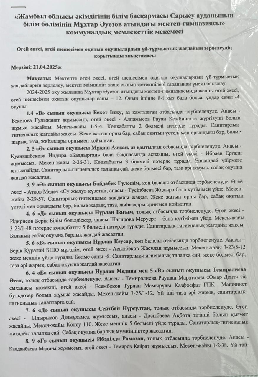 Өгей әкесі немесе өгей шешесімен оқитын ооқушылардың үй-тұрмыстық жағдайын зерделеудің қорытынды анықтамасы